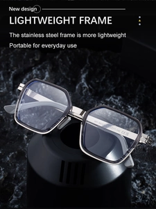 Detail of square sunglasses with stainless steel temples and model MY-98327 laser etching