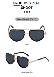 Vue détaillée de lunettes de soleil carrées avec monture noire et branches dorées