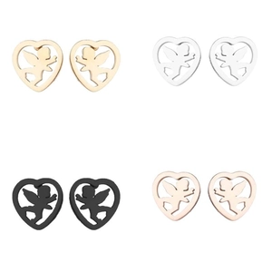 Lot de quatre boucles d'oreilles cœur en acier inoxydable avec anges, or, argent et noir