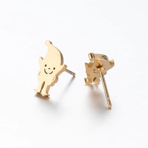 Minimalist gold stainless steel elf-shaped stud earrings with cutout smiley face