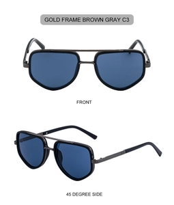 Vues de face et de profil à 45 degrés de lunettes de soleil carrées à monture dorée et verres gris
