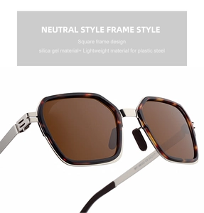 Close-up of square polarized sunglasses with tortoiseshell pattern and silver metal edge