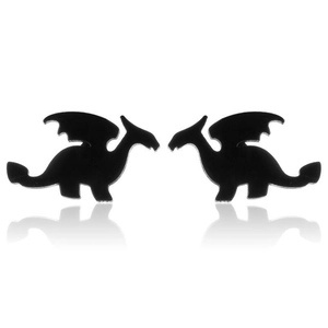 Boucles d'oreilles minimalistes dragon noir avec silhouette d'ailes et de queue sur blanc