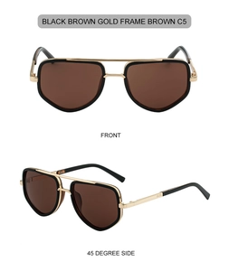 Vue de face et de profil de lunettes de soleil aviateur carrées avec monture noir et or