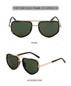 Détail de lunettes pilote écaille et or avec verres G15 verts et monture carrée chic