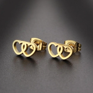 Minimalist double heart interlocking gold stainless steel stud earrings for women