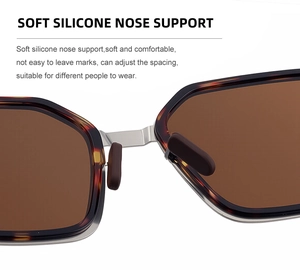 Detail of soft silicone nose pads on tortoise shell square polarized sunglasses