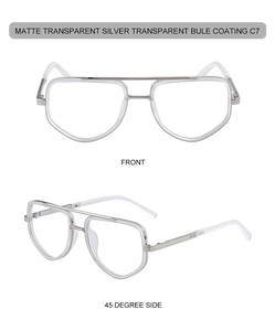 Détails de lunettes à monture carrée argent mat avec revêtement bleu transparent C7