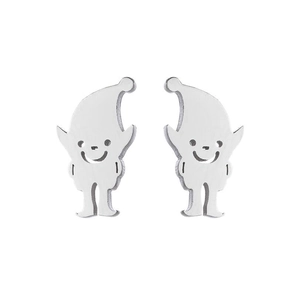 Detailed view of polished stainless steel ghost stud earrings with smiling face cutouts
