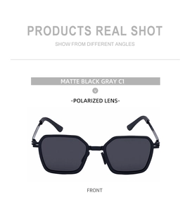 Detailed close-up of matte black square polarized sunglasses with dark grey lenses