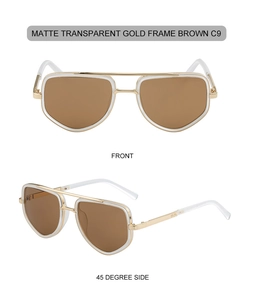 Vue de face et de côté des lunettes dorées transparentes avec verres marrons