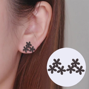Matte black floral stud earrings with three-flower design for women in daily wear style