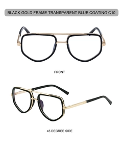 Gros plan de lunettes de soleil carrées noir et or avec verres à revêtement bleu