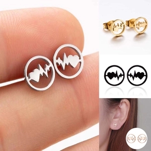 Boucles D'oreilles Puces Rondes Creuses En Acier Inoxydable Battement De Coeur EKG Bijoux De Mode Pour Femmes Hommes
