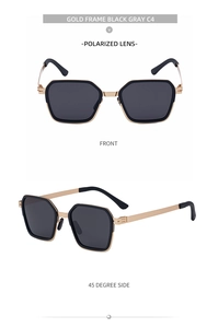 Detailed front and side views of gold hexagonal polarized sunglasses with black lenses