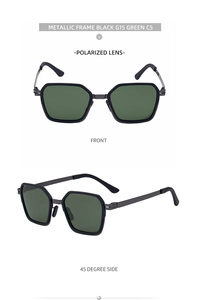 Detail view of square metal polarized sunglasses with G15 green lenses and slim frames