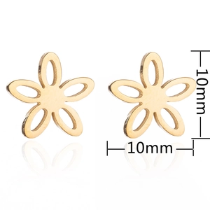 Detail view of 10mm golden hollow flower earrings with five-petal design on white background