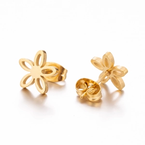 Minimalist golden hollow five-petal flower stud earrings with a polished steel finish