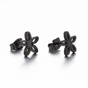 Minimalist matte black cutout flower stud earrings with brushed texture and butterfly backs