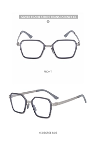 Front and side view of silver frame sunglasses with purple stripe transparency C7