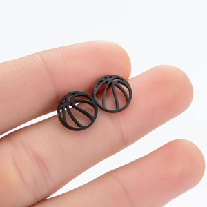 Minimalist matte black stainless steel basketball stud earrings with hollow design for men