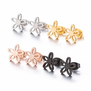 Set of four pairs of minimalist hollow floral stud earrings in silver gold and black finish