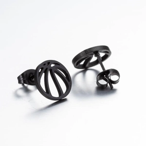 Minimalist black stainless steel basketball stud earrings with hollow design for sports fans