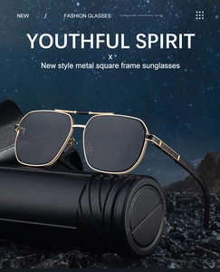 Detail of square gold metal sunglasses on a sleek display stand with a starry backdrop