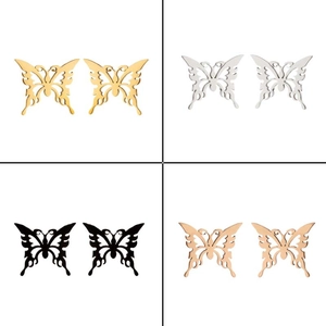 Detailed set of four hollow butterfly stud earrings in gold, silver, black, and rose gold