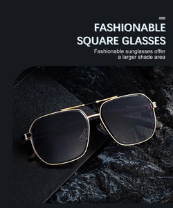 Detailed close-up of square metal frame sunglasses with elegant dark wood grain temples