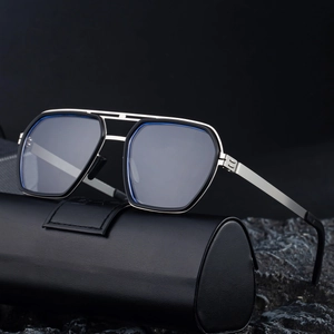 Polarized square sunglasses for men with silver stainless steel double bridge frame