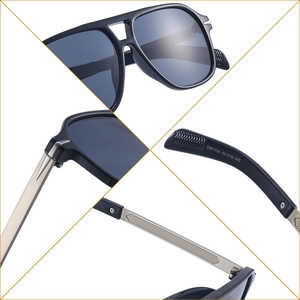 Mens square polarized aviator sunglasses with navy blue frame and gold metal hinges