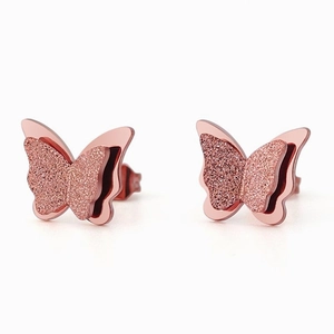 Rose gold double-layer butterfly stud earrings with matte and polished finishes
