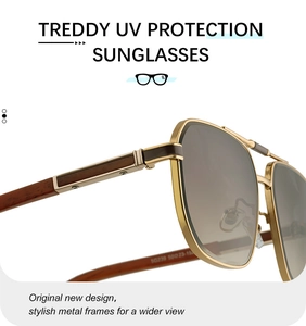 Detail of square sunglasses showing UV protection and brown wood grain textured temples