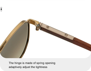 Detail of spring hinges and wood grain temples with screw accents on gold square sunglasses