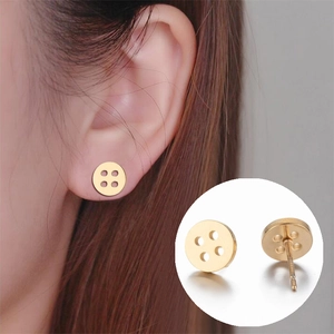 Minimalist gold button stud earrings with four-hole geometric design for women