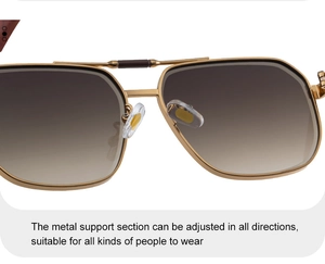 Macro shot of adjustable metal nose pads and golden frame detail on sunglasses