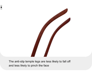 Detail of red-brown wood grain temple arms with anti-slip and ergonomic design
