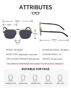 Detailed size chart for square sunglasses with wood grain temples and aviator style