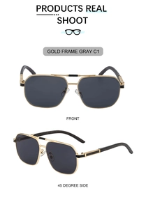 Detail view of square gold frame sunglasses with gray lenses and faux wood temples