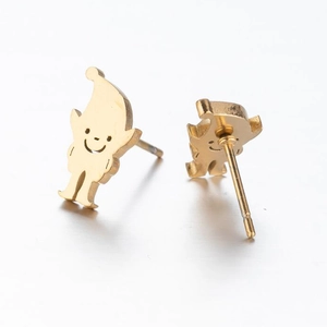 Front and back view of gold clown earrings in brushed stainless steel with a smiling face
