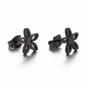 Minimalist matte black stainless steel hollow flower stud earrings with butterfly backs