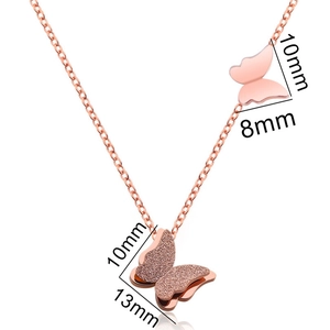 Frosted double layer butterfly necklace in rose gold finish with dimensions measurement
