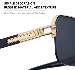 Macro view of matte black temples and gold metal frame with geometric hollow hinge design