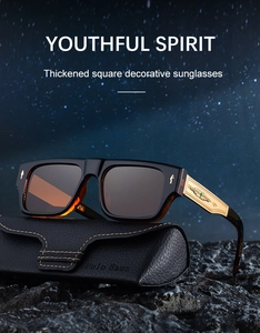 Detail of square black sunglasses with gold eagle-wing temple on a leather case