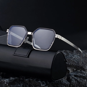 Square polarized sunglasses for men with silver metal frame and blue tinted lenses