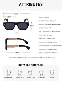Detailed size chart for square sunglasses showing frame width 142mm and dimensions in inches