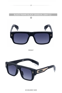 Detail view of black square sunglasses with vintage gold hardware and gradient gray lenses