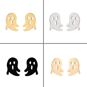 Detailed view of ghost-shaped earrings in gold, silver, black, and rose gold finishes