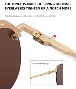 Close-up of flexible spring hinge on metal aviator sunglasses for comfort and fit